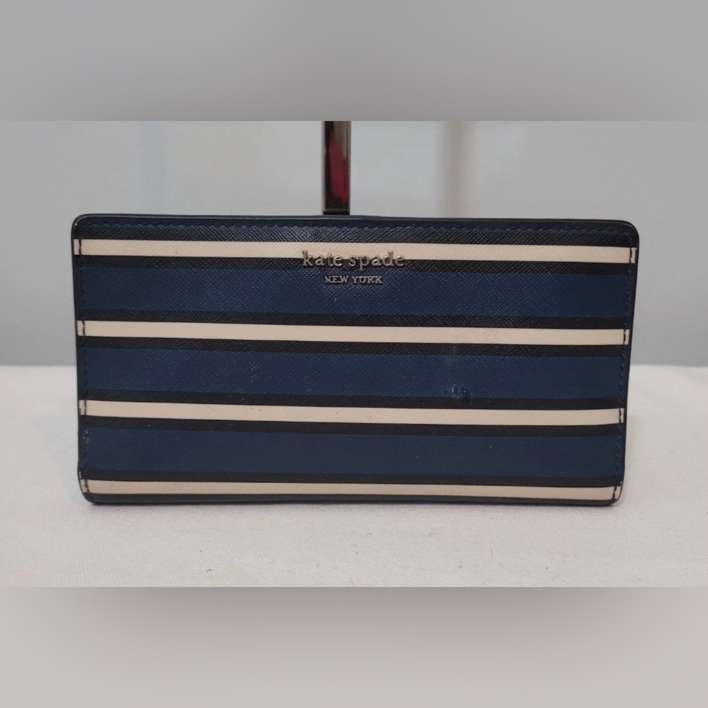 Kate Spade Cameron Street Striped Bifold Wallet Navy and Cream Purse Organizer